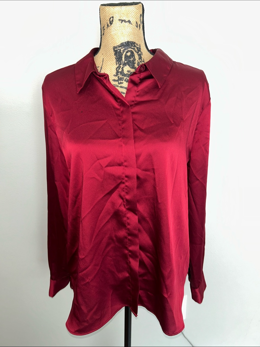 Women’s Satin Button-Up Blouse - Burgundy